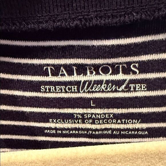 Talbots Navy and White Striped 3/4 Sleeve Weekend Tee Size Large - Picture 2 of 4